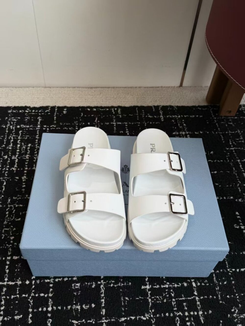 Prada White Double Buckle Slide Sandals Chunky Lug Sole Slip On Summer Shoes